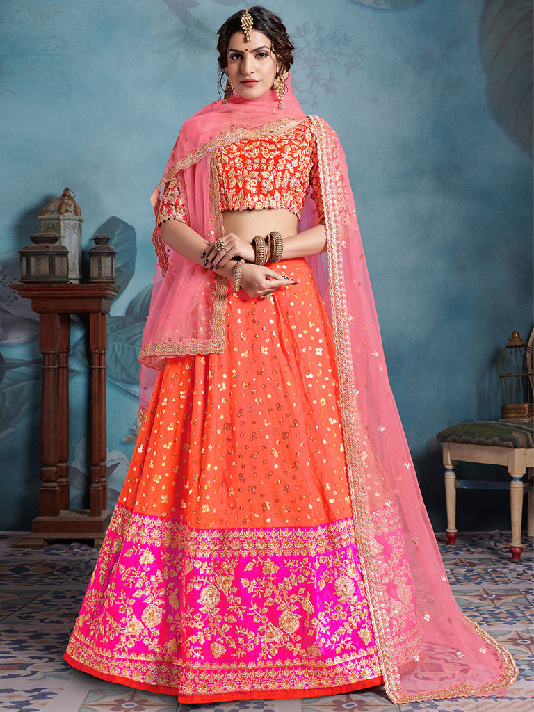 Orange Elegant   Semi Stitched Lehenga With  Unstitched Blouse Clothsvilla