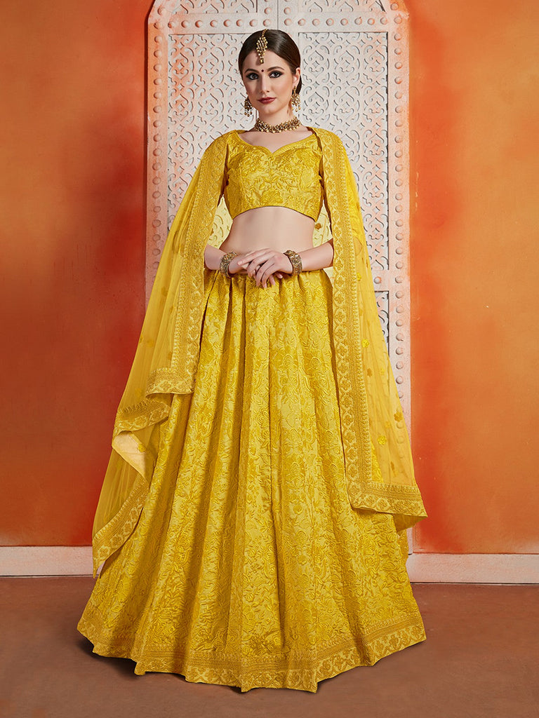 Designer Yellow Art Silk Semi Stitched Lehenga With  Unstitched Blouse Clothsvilla