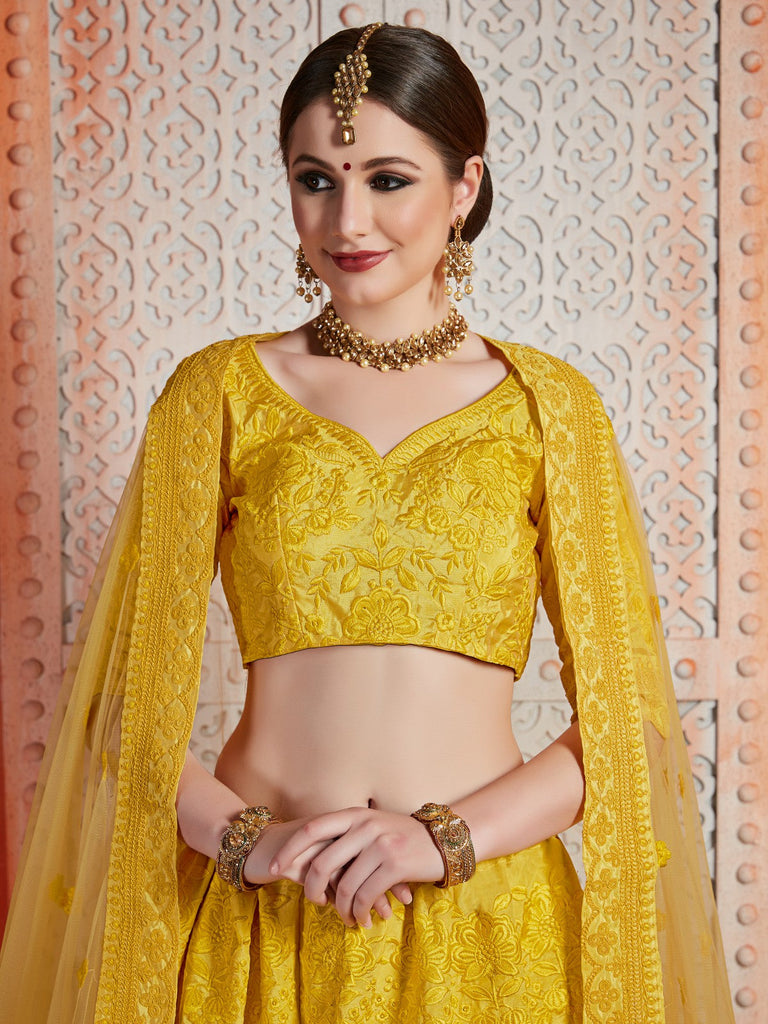 Designer Yellow Art Silk Semi Stitched Lehenga With  Unstitched Blouse Clothsvilla