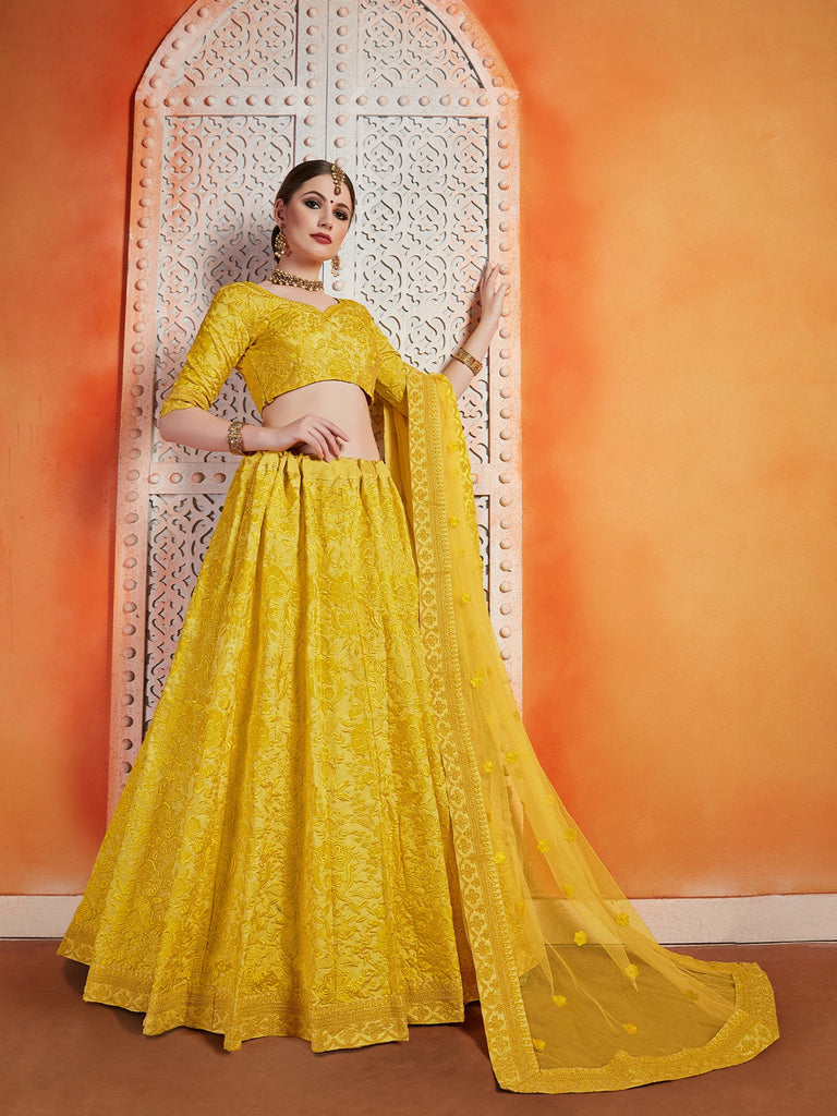 Designer Yellow Art Silk Semi Stitched Lehenga With  Unstitched Blouse Clothsvilla