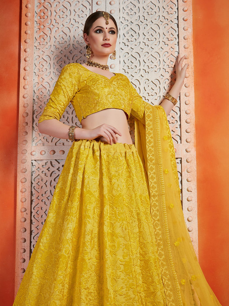 Designer Yellow Art Silk Semi Stitched Lehenga With  Unstitched Blouse Clothsvilla