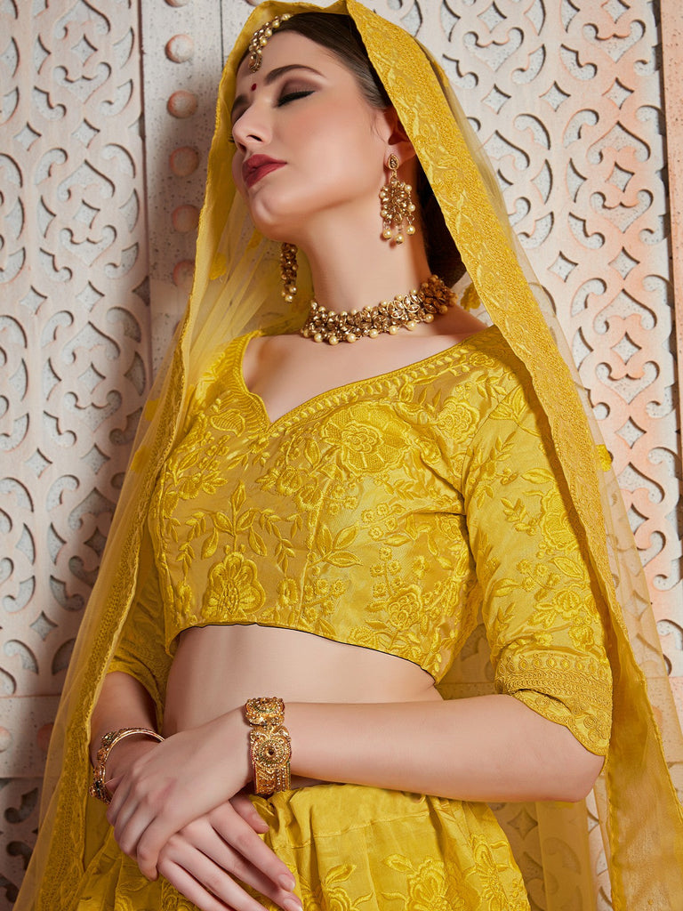 Designer Yellow Art Silk Semi Stitched Lehenga With  Unstitched Blouse Clothsvilla