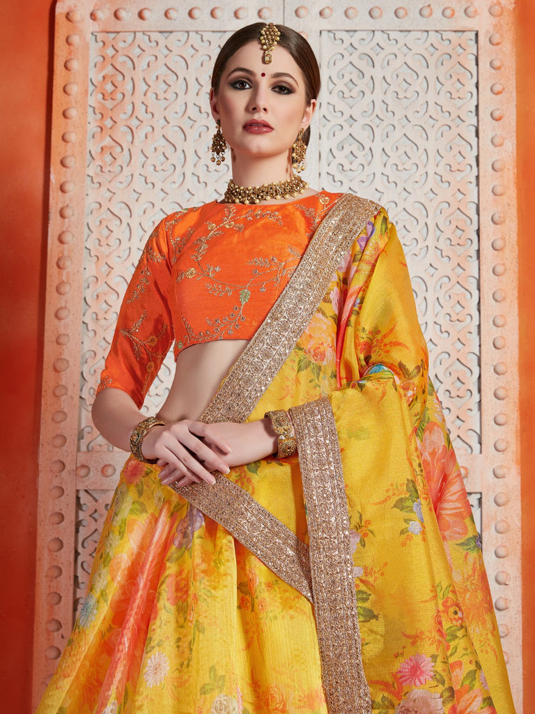 Designer Yellow Art Silk Semi Stitched Lehenga With  Unstitched Blouse Clothsvilla