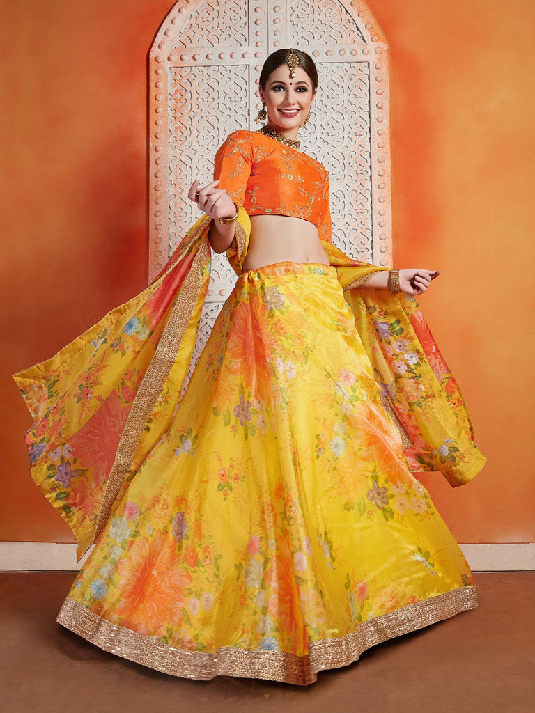 Designer Yellow Art Silk Semi Stitched Lehenga With  Unstitched Blouse Clothsvilla