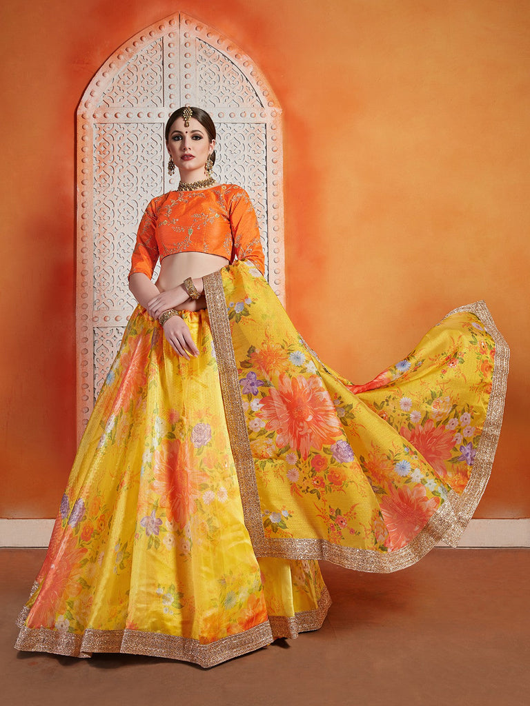 Designer Yellow Art Silk Semi Stitched Lehenga With  Unstitched Blouse Clothsvilla