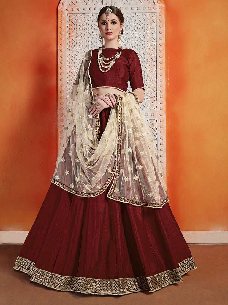 Soft Net Maroon  Semi Stitched Lehenga With  Unstitched Blouse Clothsvilla