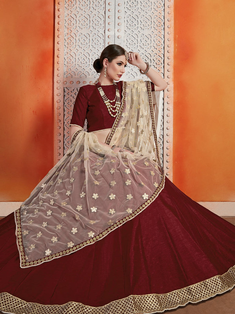 Soft Net Maroon  Semi Stitched Lehenga With  Unstitched Blouse Clothsvilla