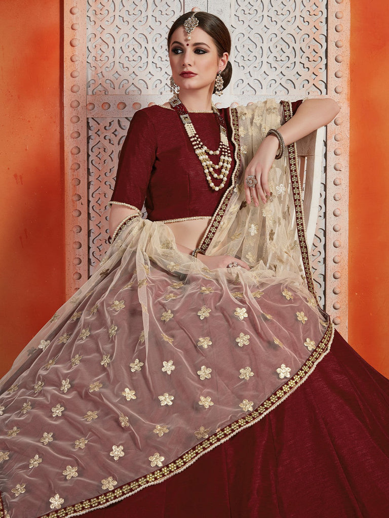 Soft Net Maroon  Semi Stitched Lehenga With  Unstitched Blouse Clothsvilla