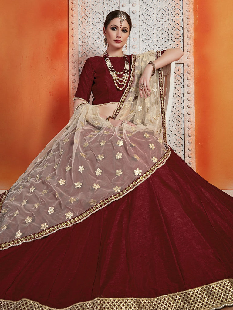 Soft Net Maroon  Semi Stitched Lehenga With  Unstitched Blouse Clothsvilla