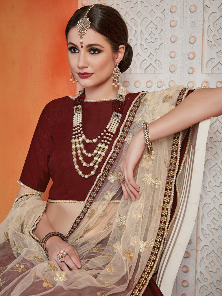 Soft Net Maroon  Semi Stitched Lehenga With  Unstitched Blouse Clothsvilla