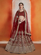 Load image into Gallery viewer, Maroon Semi Velvet Embroiderd Semi Stitched Lehenga With  Unstitched Blouse Clothsvilla