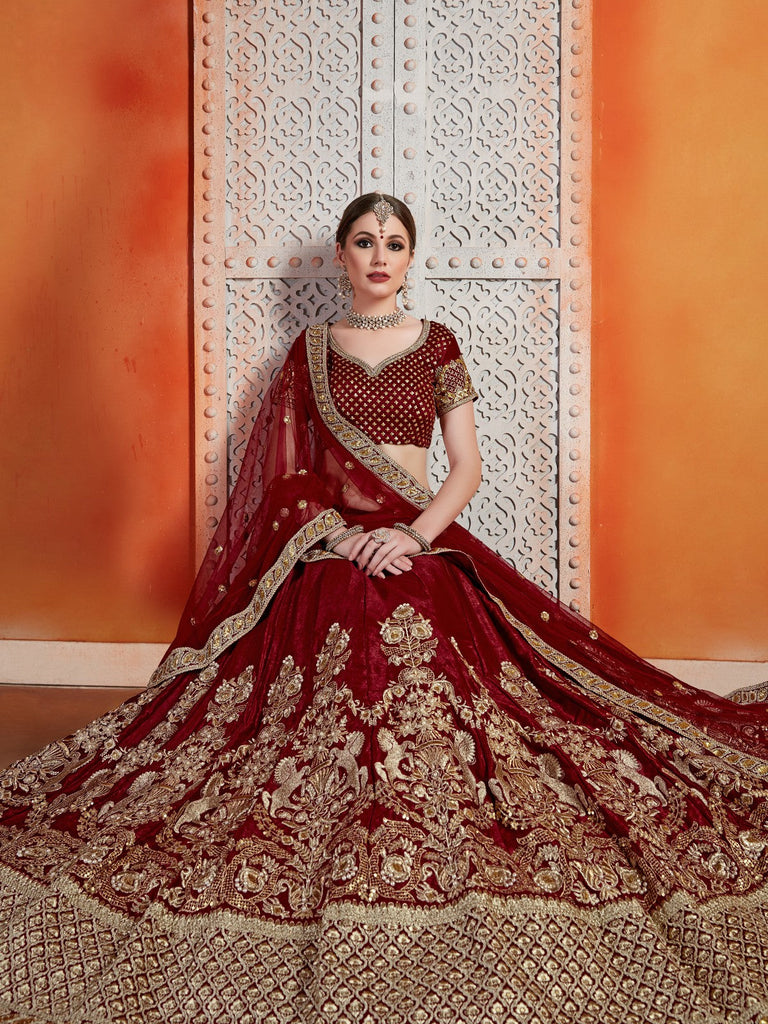 Maroon Semi Velvet Embroiderd Semi Stitched Lehenga With  Unstitched Blouse Clothsvilla