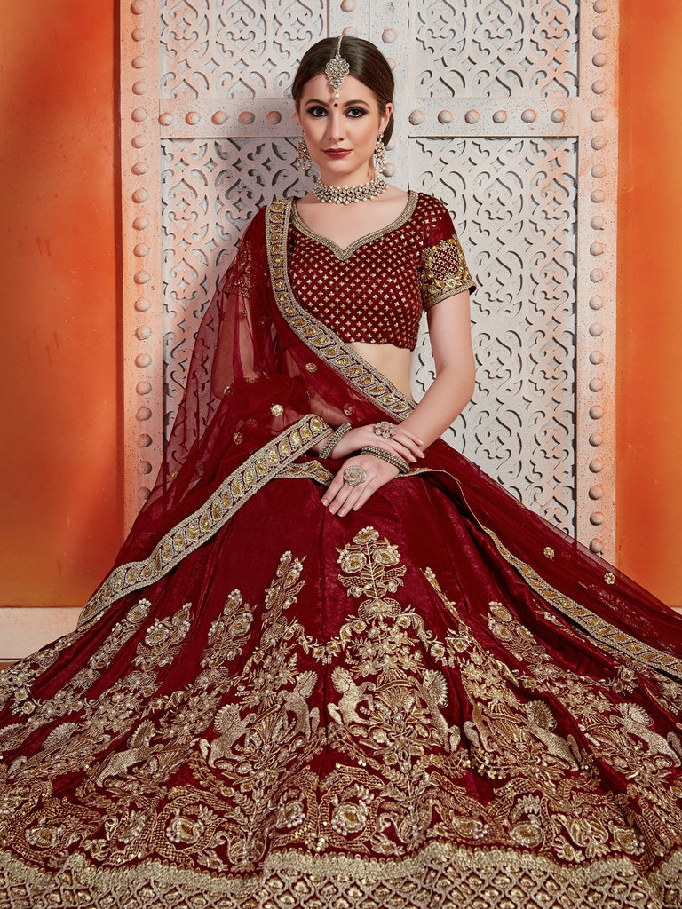 Maroon Semi Velvet Embroiderd Semi Stitched Lehenga With  Unstitched Blouse Clothsvilla