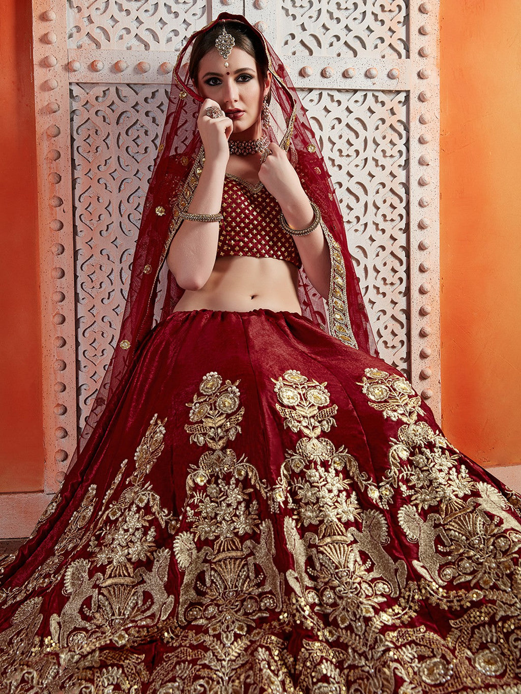 Maroon Semi Velvet Embroiderd Semi Stitched Lehenga With  Unstitched Blouse Clothsvilla