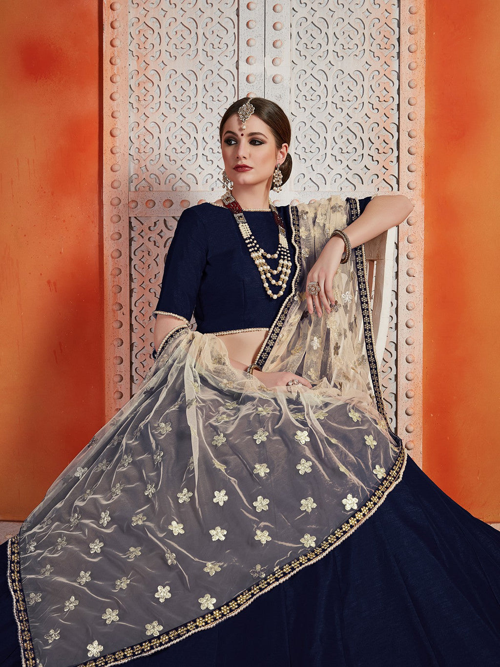 Designer Dark Blue  Semi Stitched Lehenga With  Unstitched Blouse Clothsvilla