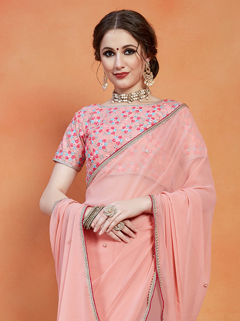 Peach Georgette Saree With Unstitched Blouse Clothsvilla