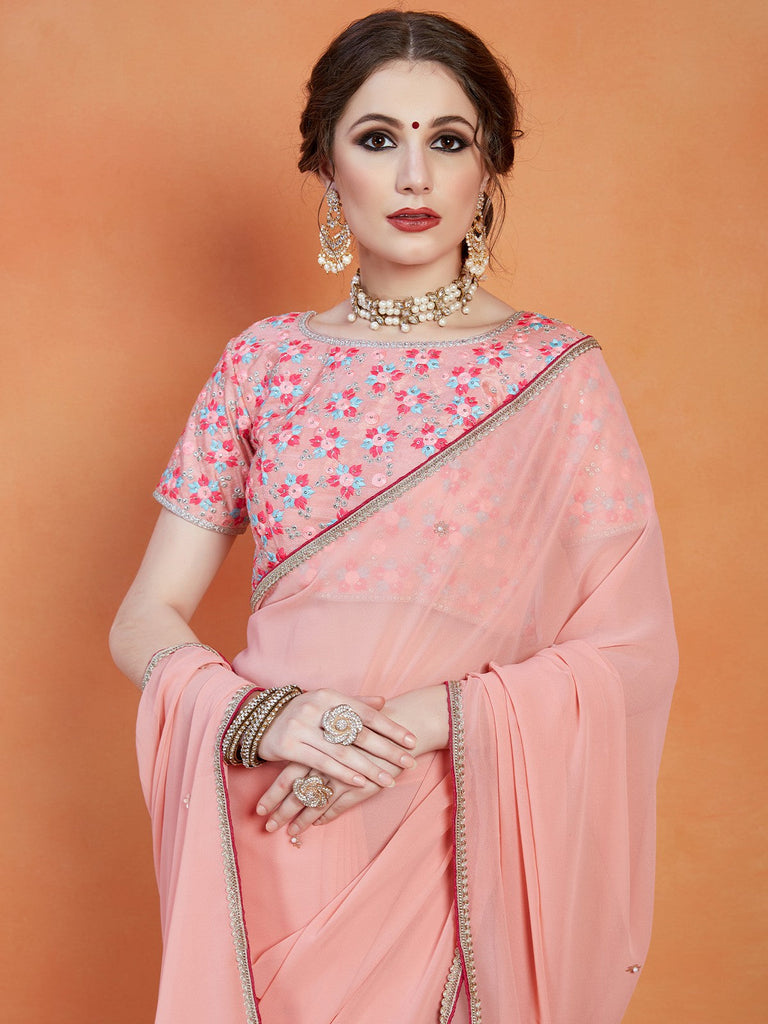 Peach Georgette Saree With Unstitched Blouse Clothsvilla