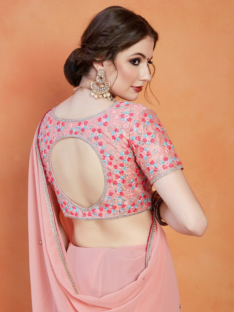 Peach Georgette Saree With Unstitched Blouse Clothsvilla