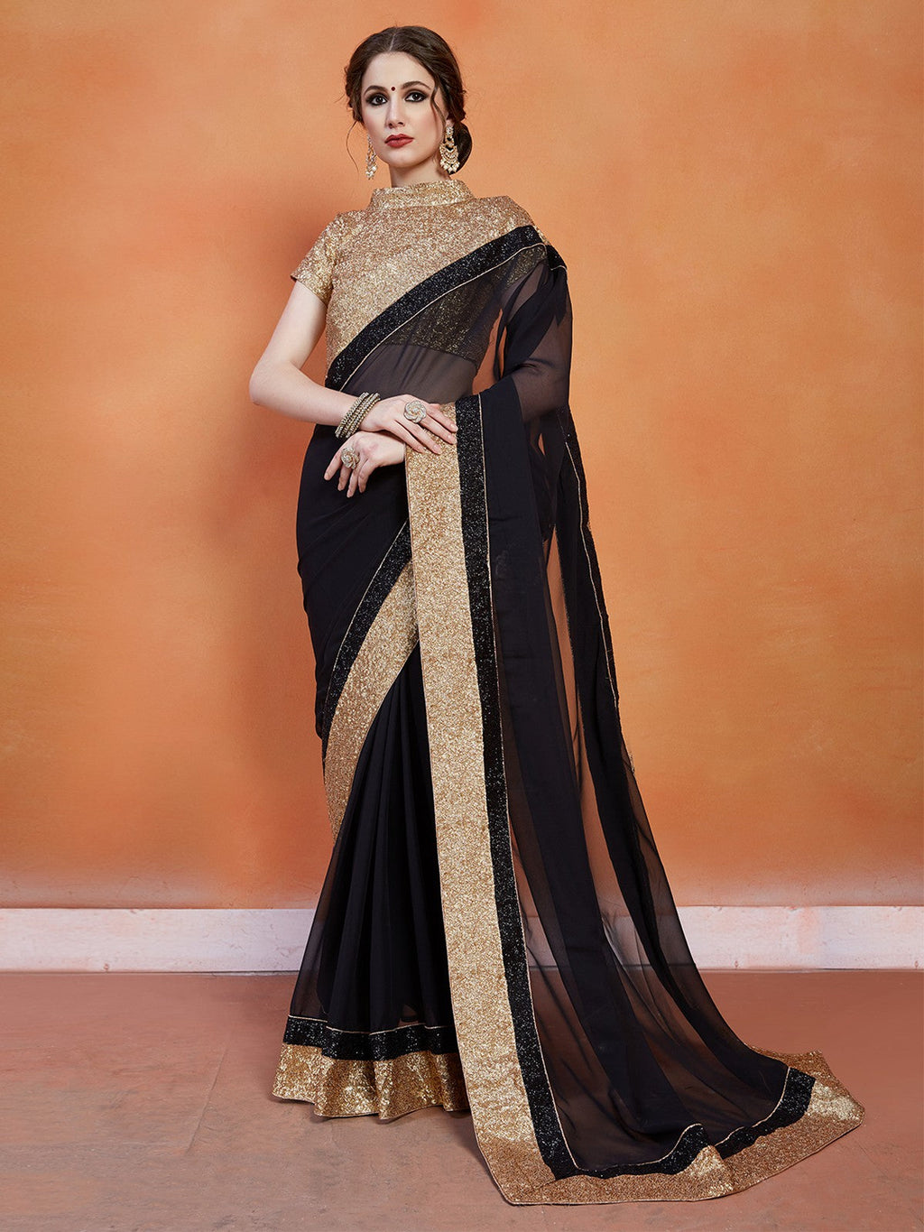 Black Georgette Saree With Unstitched Blouse Clothsvilla