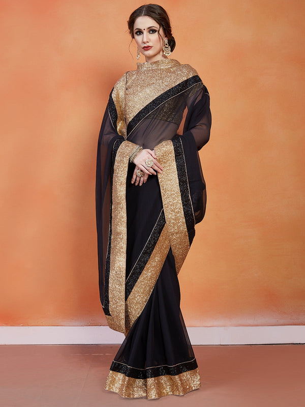 Black Georgette Saree With Unstitched Blouse Clothsvilla