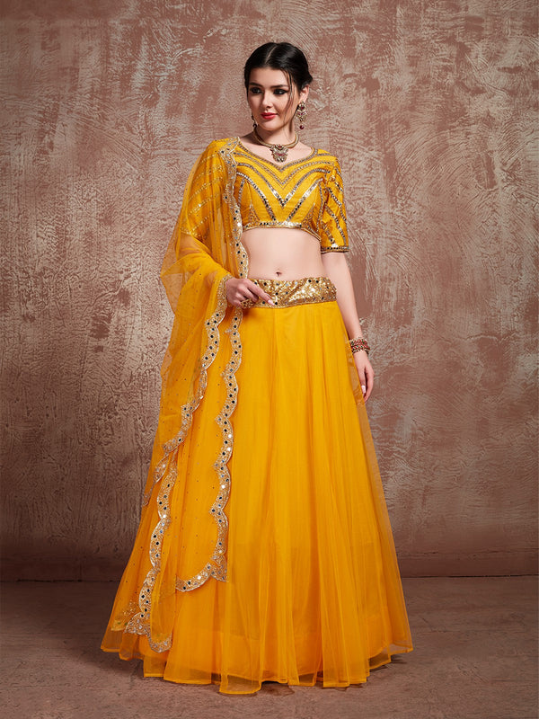 Mustard Art Silk And Soft Net Semi Stitched Lehenga With Stitched Blouse Clothsvilla