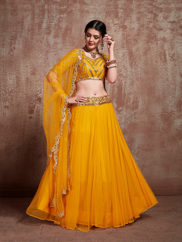 Mustard Art Silk And Soft Net Semi Stitched Lehenga With Stitched Blouse Clothsvilla