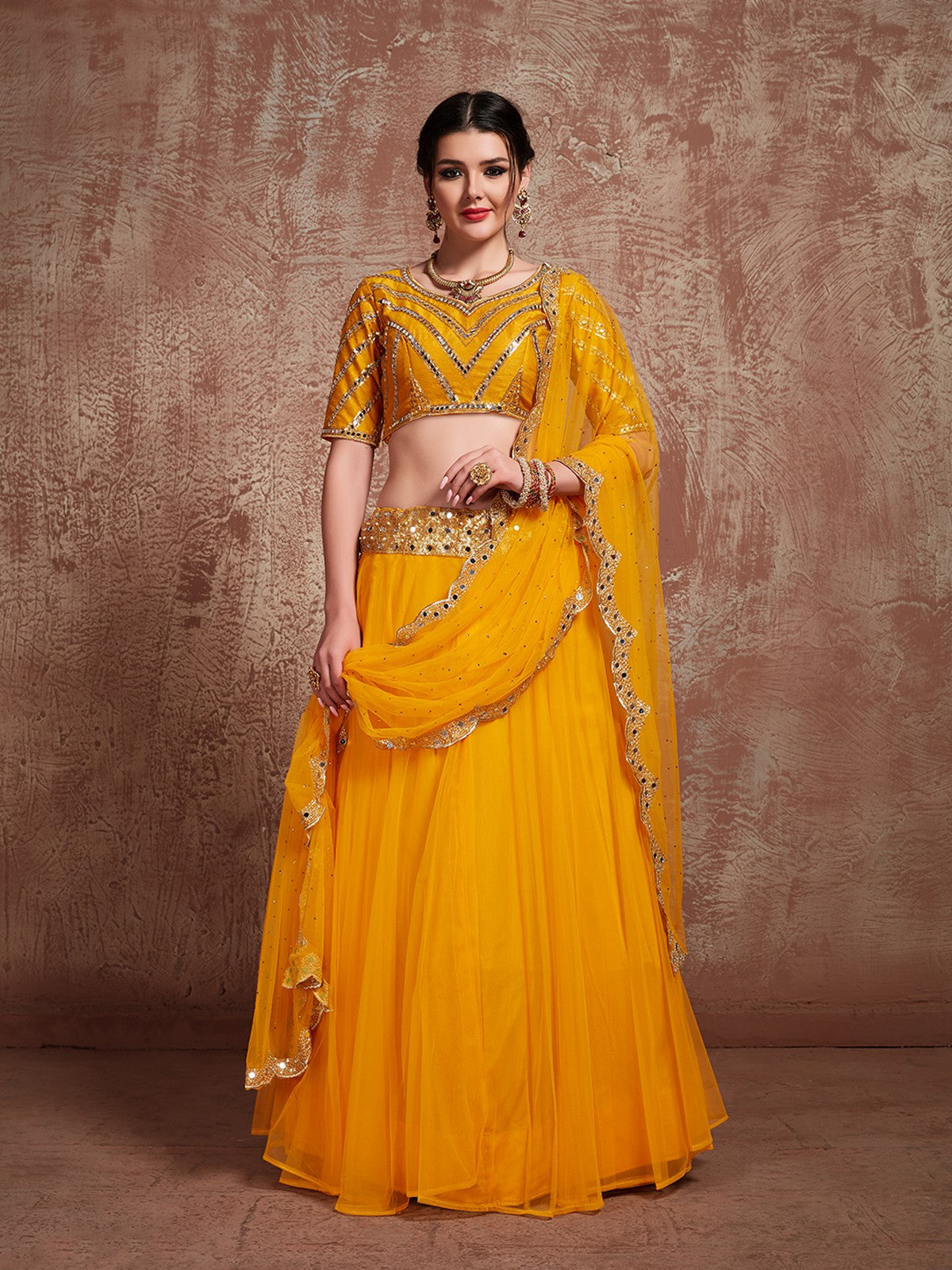 Mustard Art Silk And Soft Net Semi Stitched Lehenga With Stitched Blouse Clothsvilla