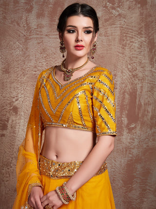 Mustard Art Silk And Soft Net Semi Stitched Lehenga With Stitched Blouse Clothsvilla