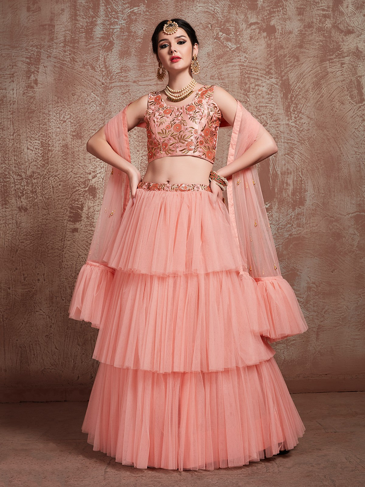 Beautiful Peach Semi Stitched Lehenga With  Unstitched Blouse Clothsvilla Main image