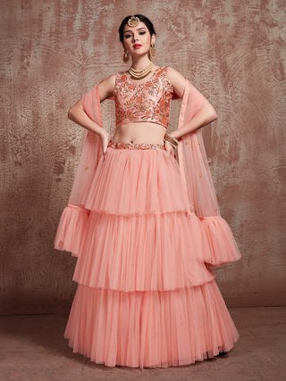 Beautiful Peach Semi Stitched Lehenga With  Unstitched Blouse Clothsvilla