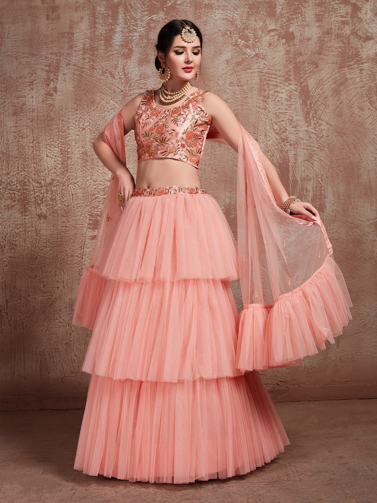 Beautiful Peach Semi Stitched Lehenga With  Unstitched Blouse Clothsvilla