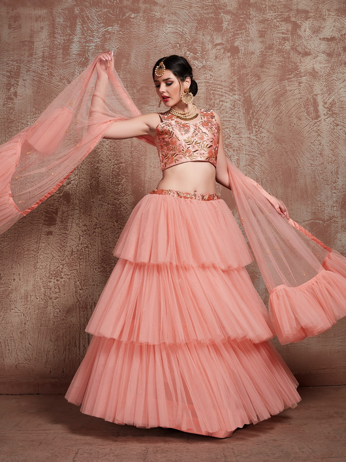 Beautiful Peach Semi Stitched Lehenga With  Unstitched Blouse Clothsvilla
