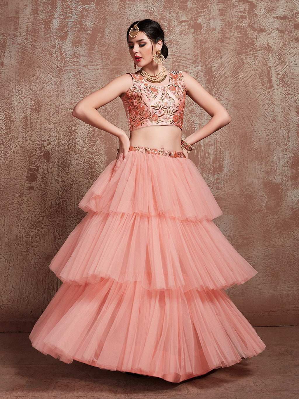 Beautiful Peach Semi Stitched Lehenga With  Unstitched Blouse Clothsvilla