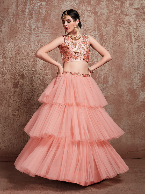 Beautiful Peach Semi Stitched Lehenga With  Unstitched Blouse Clothsvilla