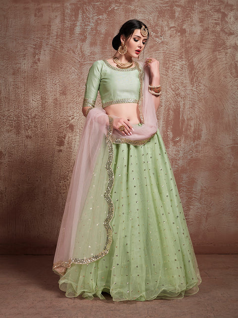 Green Sequins  Sassy Semi Stitched Lehenga With  Unstitched Blouse Clothsvilla Main image