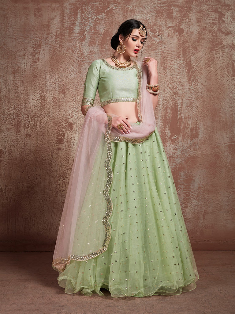 Green Sequins  Sassy Semi Stitched Lehenga With  Unstitched Blouse Clothsvilla