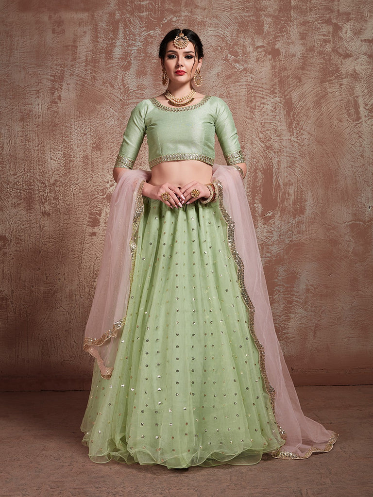 Green Sequins  Sassy Semi Stitched Lehenga With  Unstitched Blouse Clothsvilla