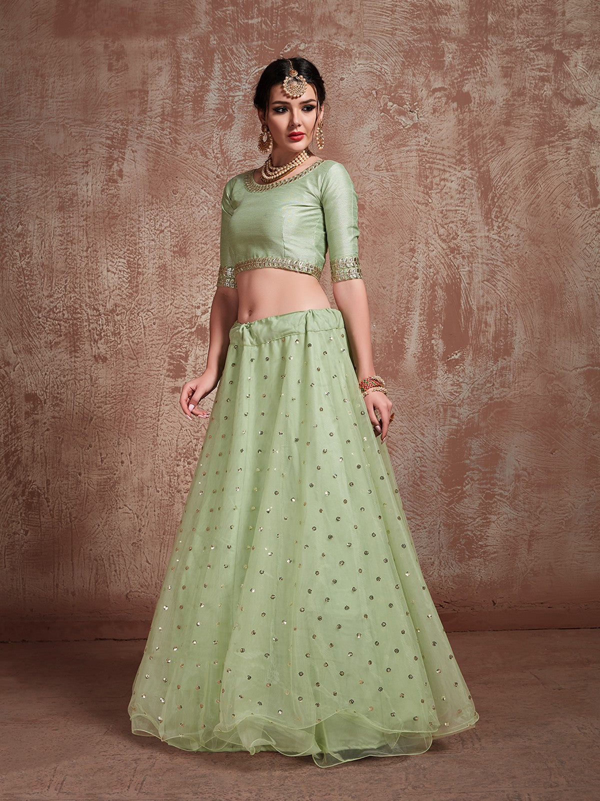 Green Sequins  Sassy Semi Stitched Lehenga With  Unstitched Blouse Clothsvilla