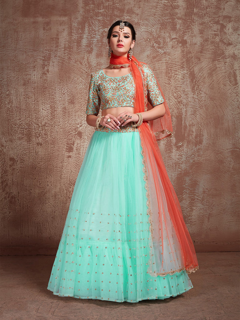 Sea Green Stunning Semi Stitched Lehenga With  Unstitched Blouse Clothsvilla