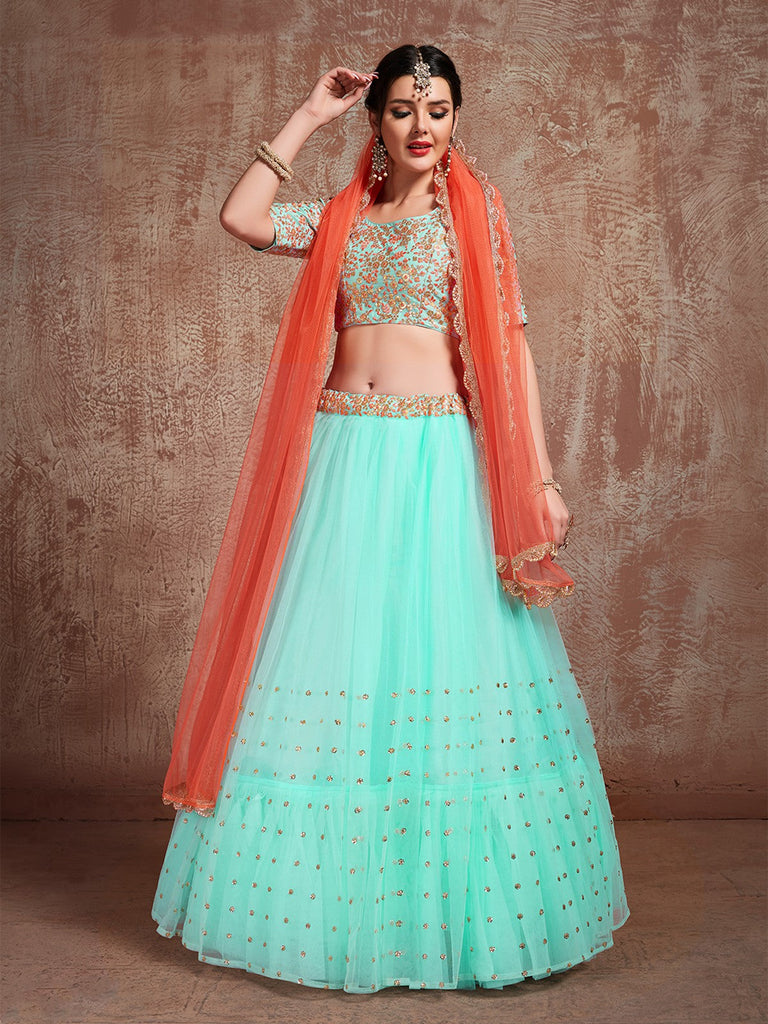 Sea Green Stunning Semi Stitched Lehenga With  Unstitched Blouse Clothsvilla