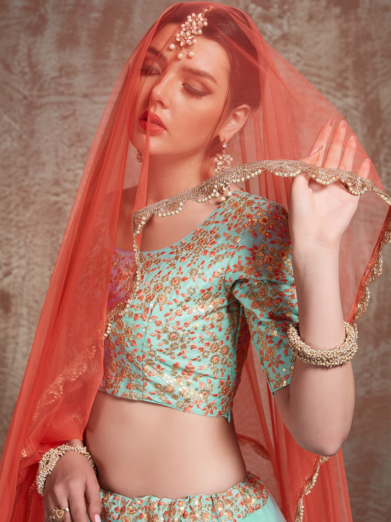 Sea Green Stunning Semi Stitched Lehenga With  Unstitched Blouse Clothsvilla