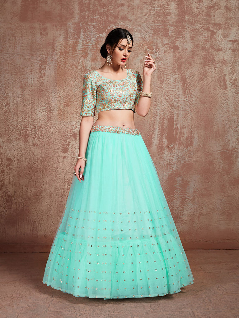 Sea Green Stunning Semi Stitched Lehenga With  Unstitched Blouse Clothsvilla