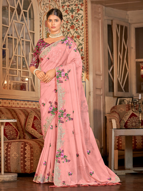 Pink Organza Embroidered Saree With Unstitched Blouse Clothsvilla