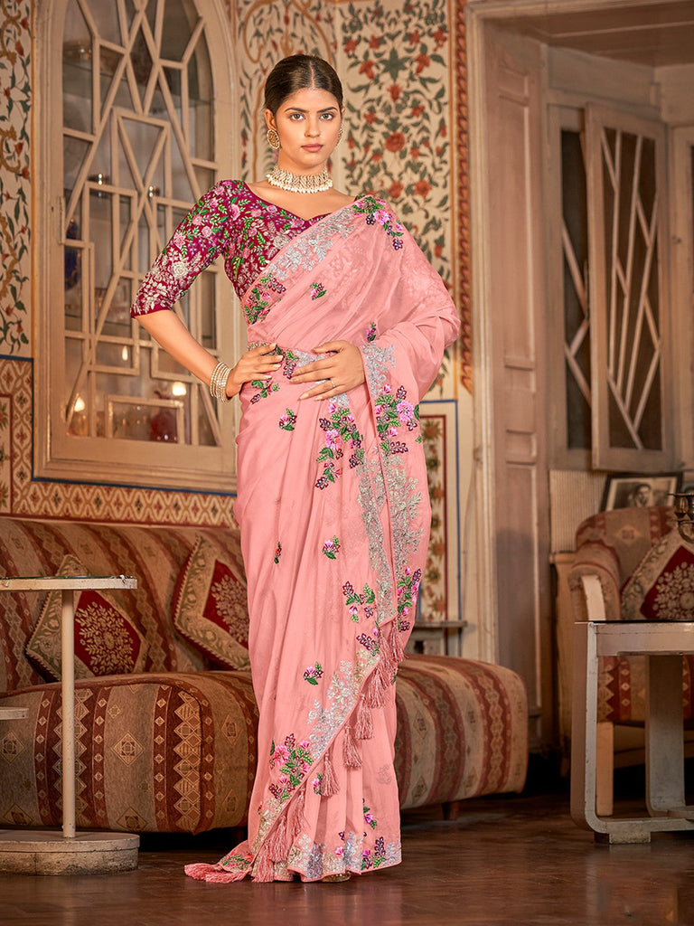 Pink Organza Embroidered Saree With Unstitched Blouse Clothsvilla