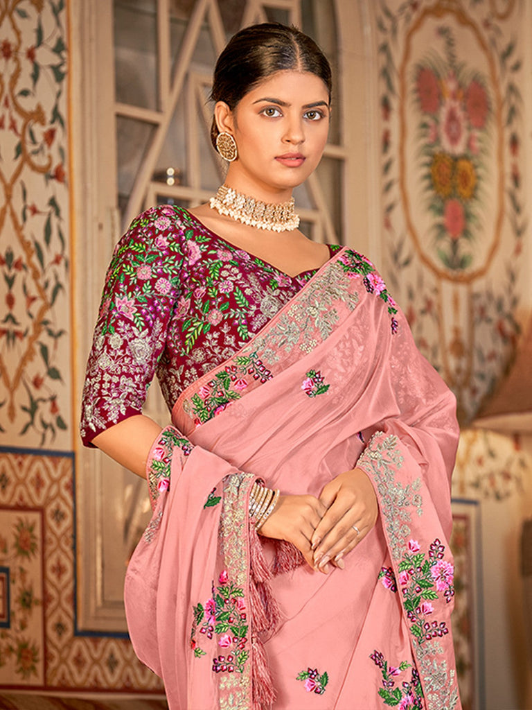 Pink Organza Embroidered Saree With Unstitched Blouse Clothsvilla