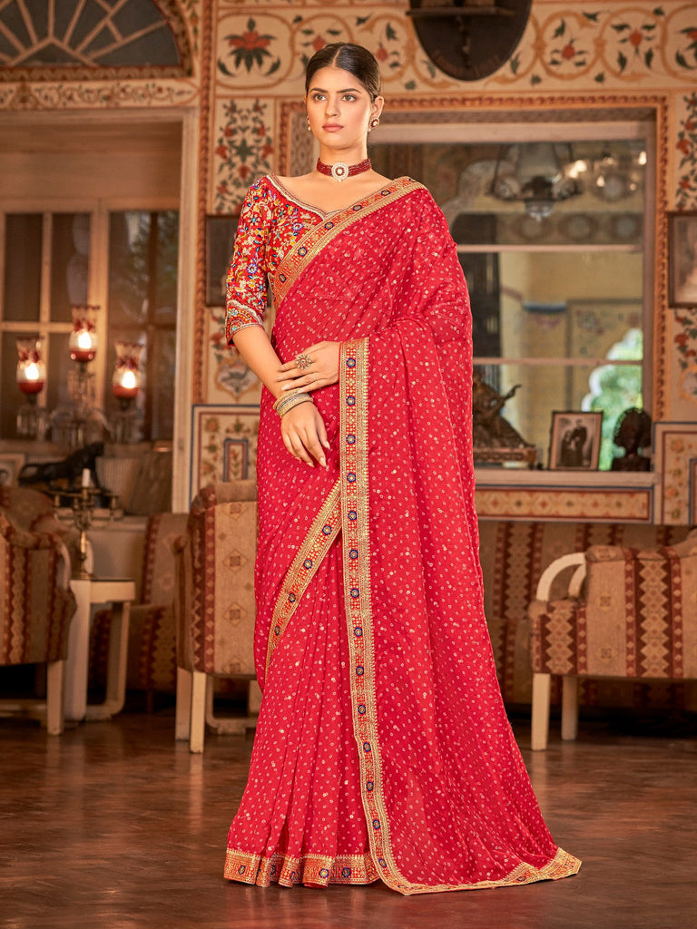 Red Organza Embroidered Saree With Unstitched Blouse Clothsvilla