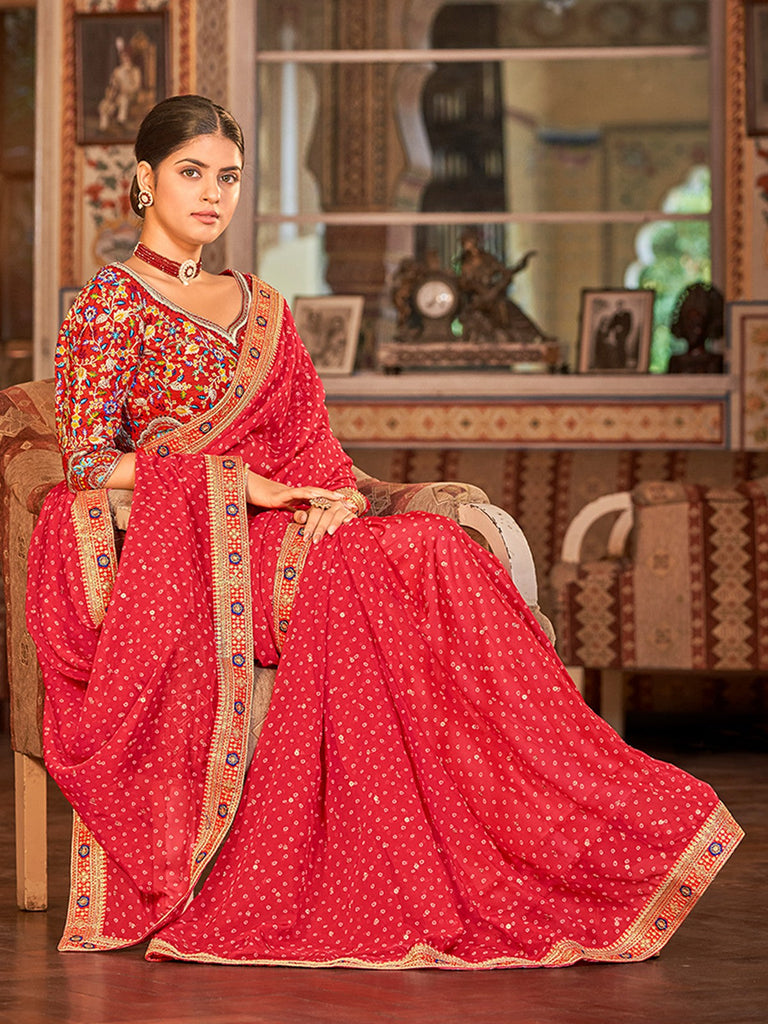 Red Organza Embroidered Saree With Unstitched Blouse Clothsvilla