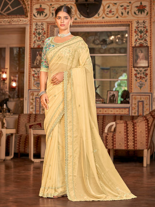 Yellow Organza Embroidered Saree With Unstitched Blouse Clothsvilla