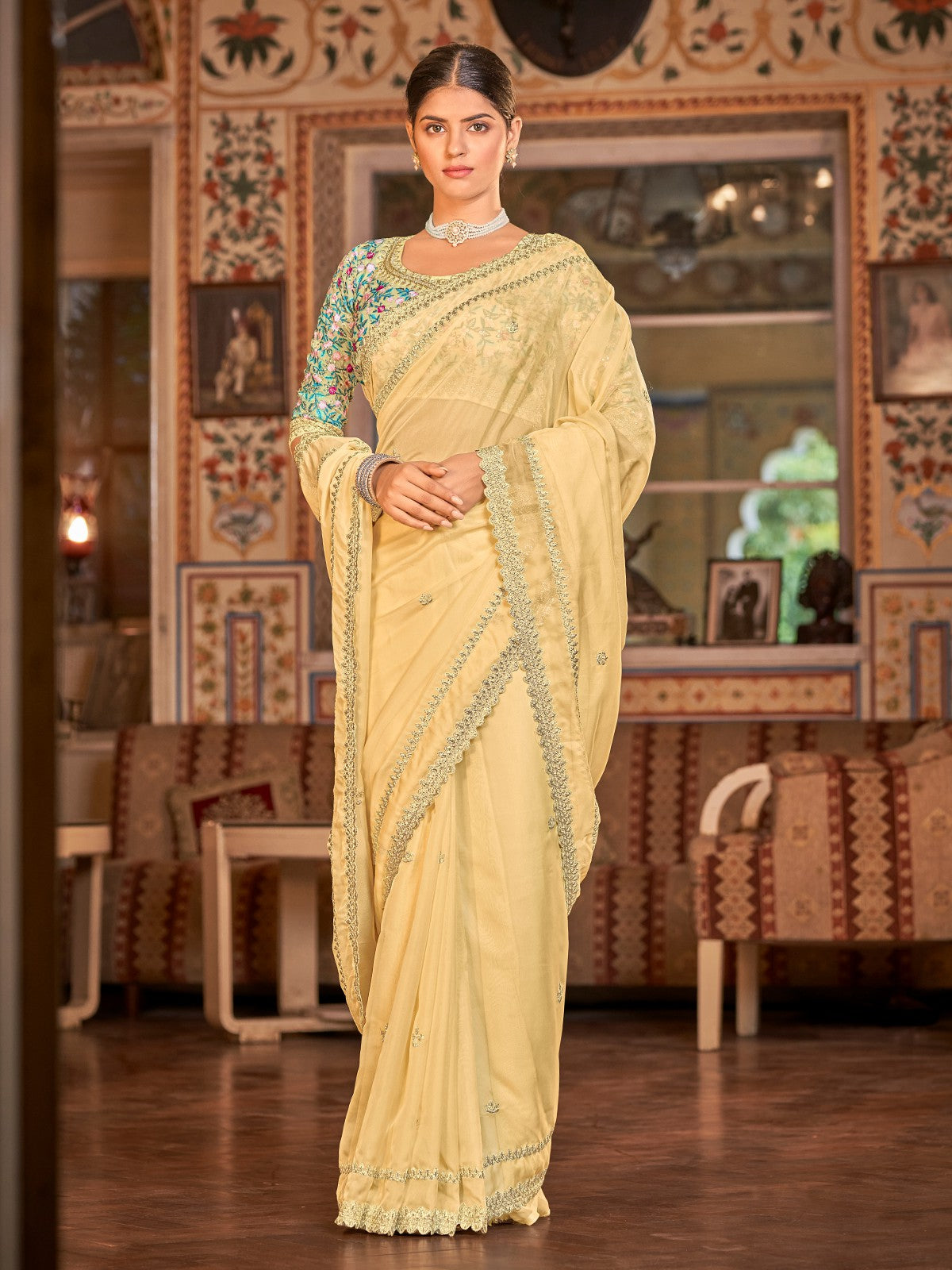 Yellow Organza Embroidered Saree With Unstitched Blouse Secondary image
