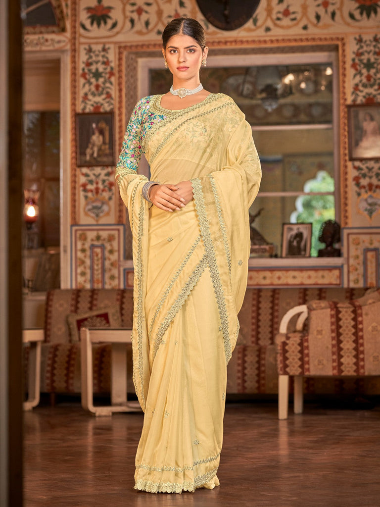 Yellow Organza Embroidered Saree With Unstitched Blouse Clothsvilla